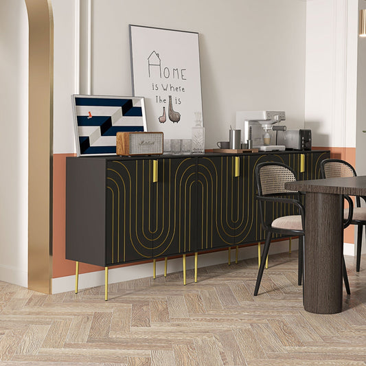 The art deco inspired sideboard in a stylish room setting with a table and chairs