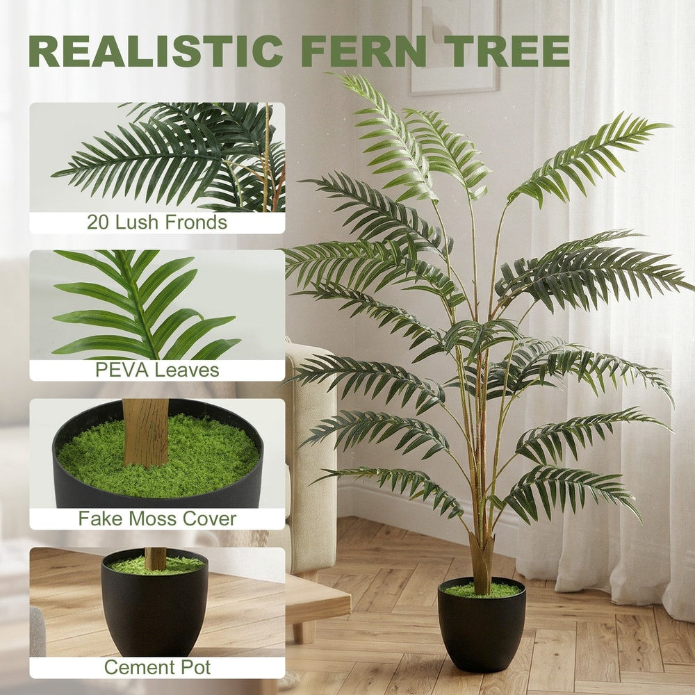 Close-up views of the artificial fern tree's leaves, moss cover, and cement pot