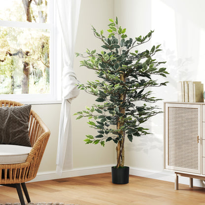 The potted artificial plant sits in a bright room next to a chair and cabinet