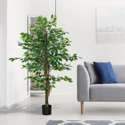 The artificial ficus tree standing in a modern living room next to a grey sofa