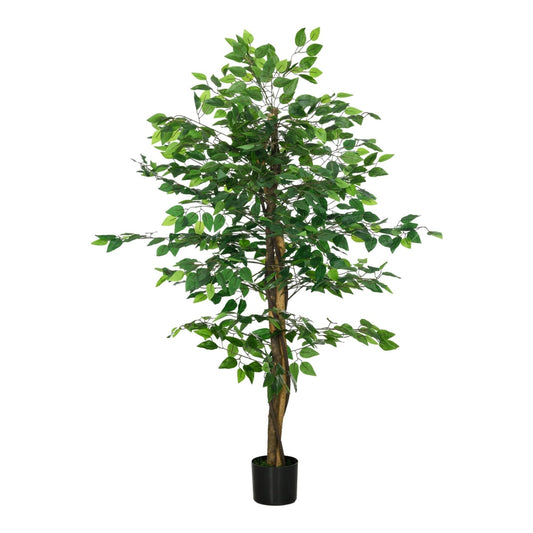 HOMCOM Artificial Ficus Tree, a tall plant with green leaves and a brown trunk in a black pot