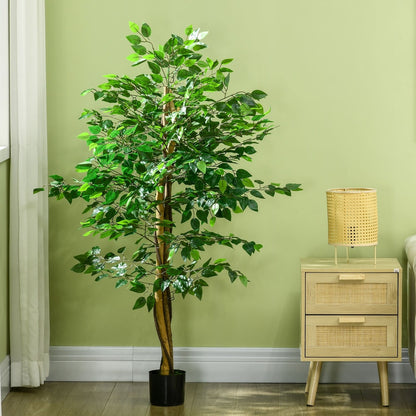 The artificial ficus tree in a room with light green walls, next to a bedside table and lamp