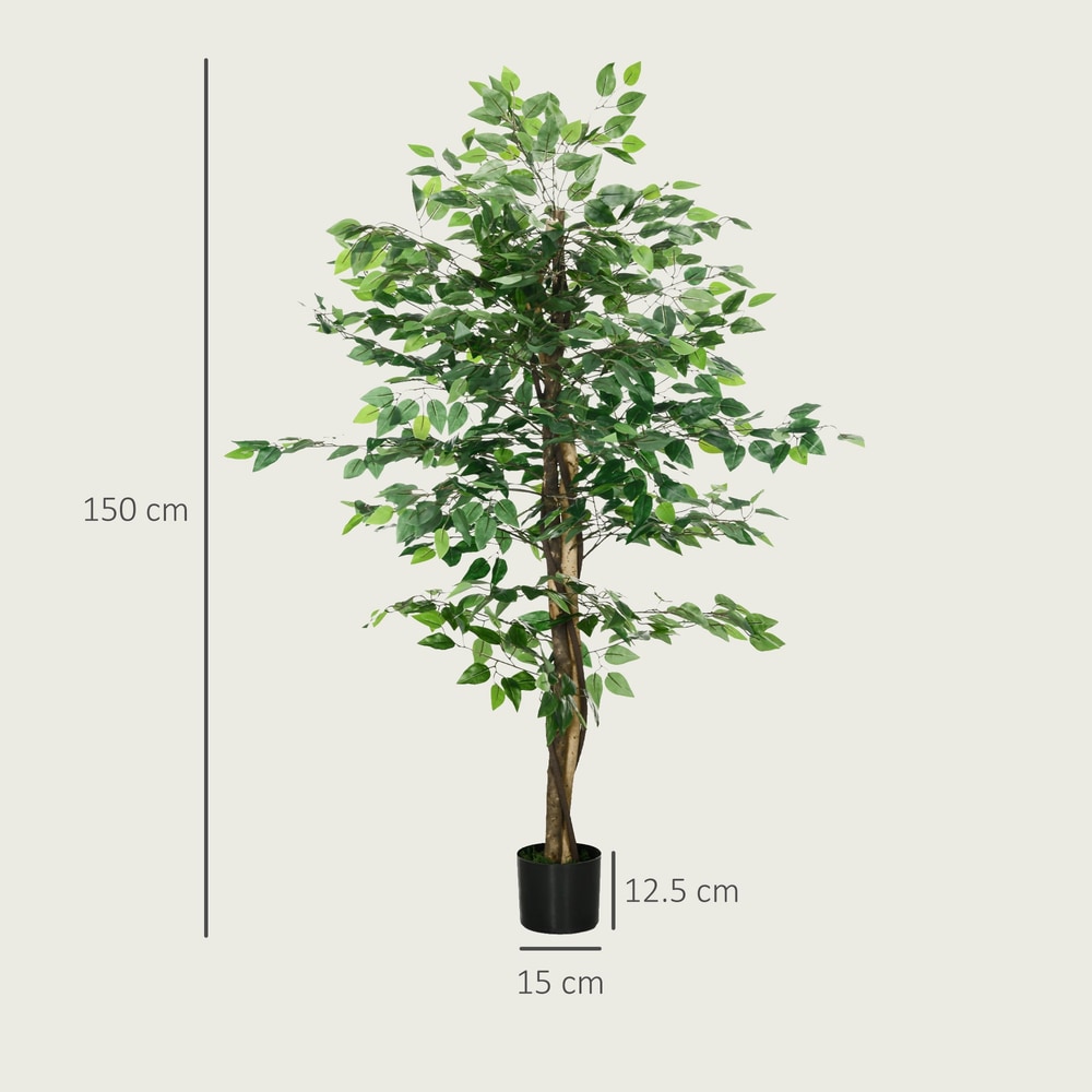 Size diagram showing the dimensions of the artificial ficus tree and its pot