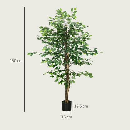 Size diagram showing the dimensions of the artificial ficus tree and its pot
