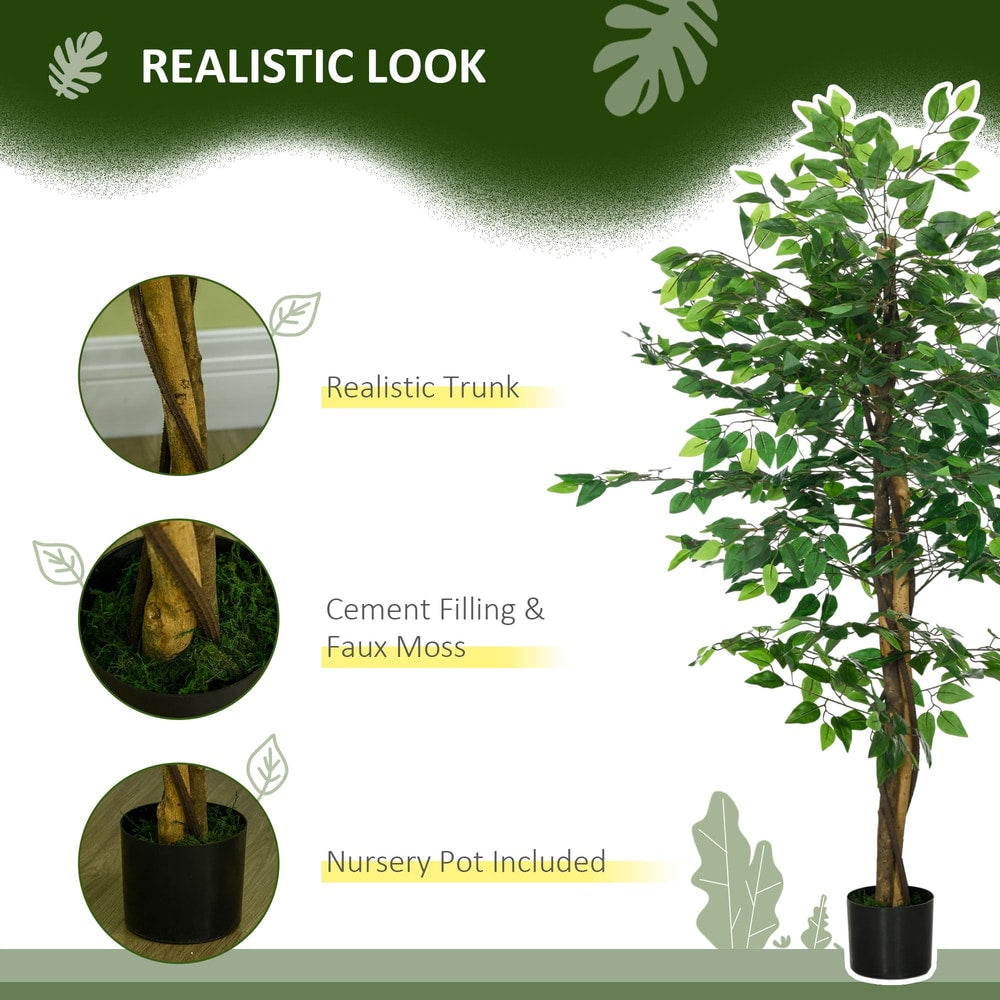Close-up of the artificial ficus tree trunk and base, showing realistic texture and faux moss