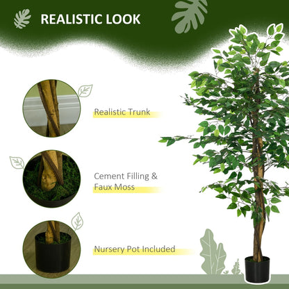 Close-up of the artificial ficus tree trunk and base, showing realistic texture and faux moss