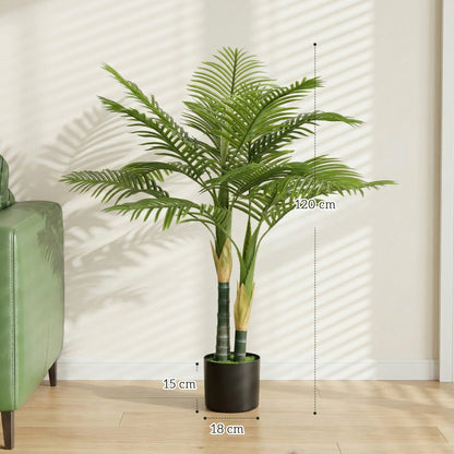 Artificial palm tree with size indicators for height and pot width