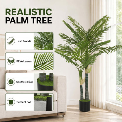 Close-ups of the artificial palm tree's lush fronds, PEVA leaves, moss effect, and cement pot