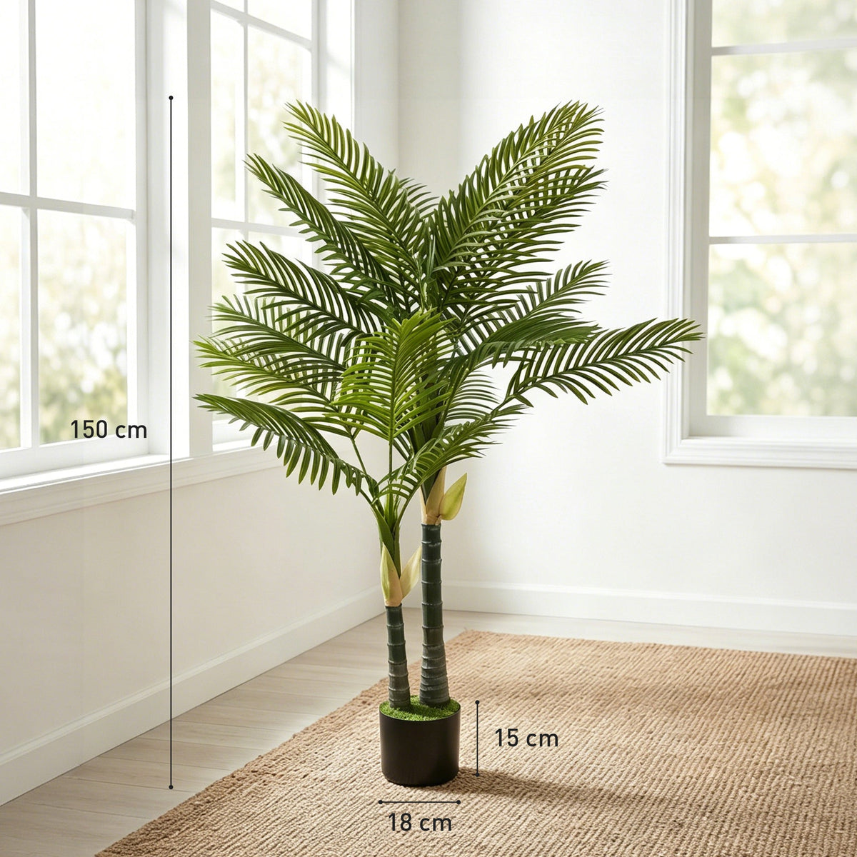 A diagram showing the dimensions of the artificial palm tree and its pot