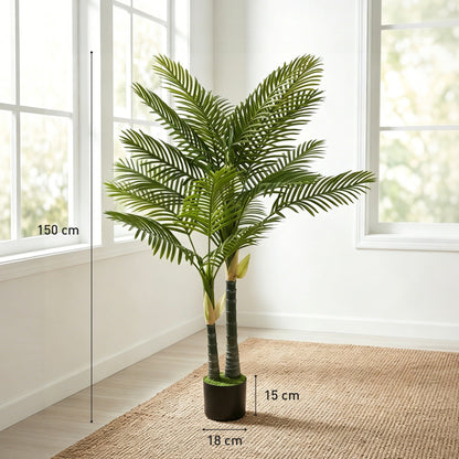 A diagram showing the dimensions of the artificial palm tree and its pot