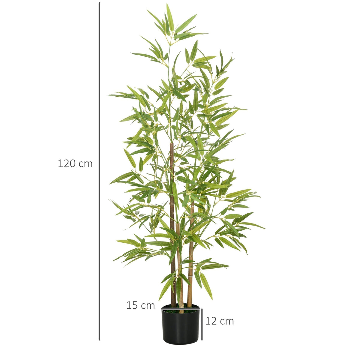 Artificial bamboo tree with height and pot dimensions shown