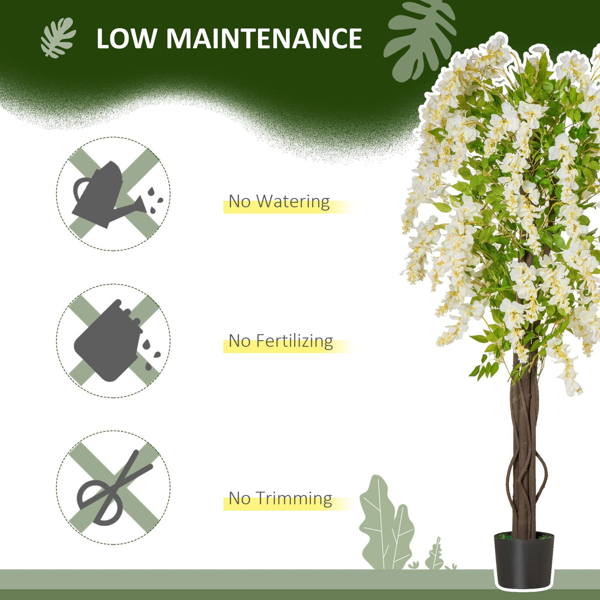 Diagram showing the low maintenance benefits of the artificial plant white wisteria tree