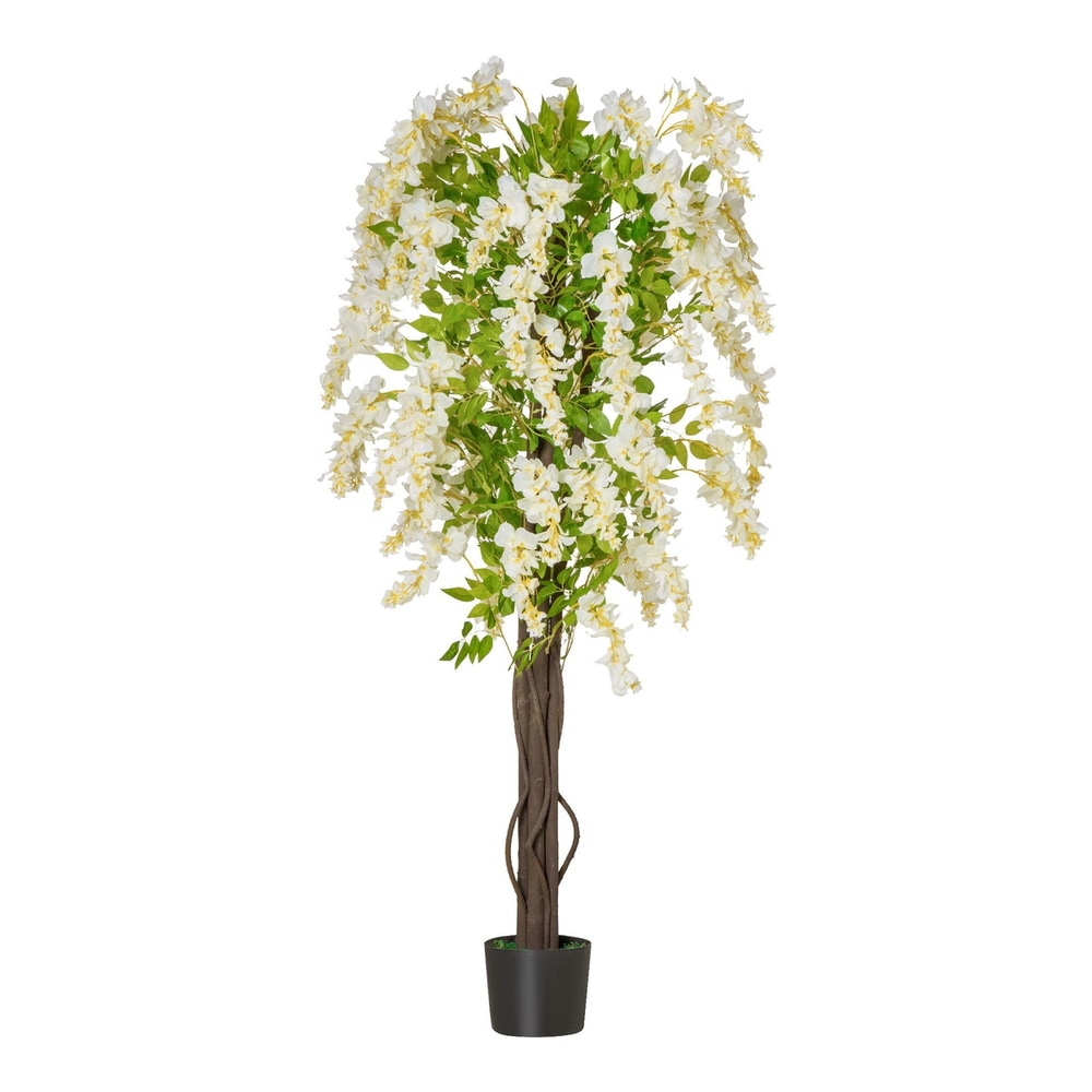HOMCOM Artificial Plant White Wisteria Tree a tall decorative plant with white flowers and green leaves in a black pot