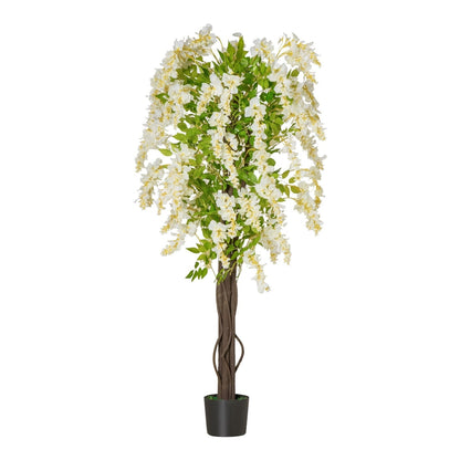 HOMCOM Artificial Plant White Wisteria Tree a tall decorative plant with white flowers and green leaves in a black pot