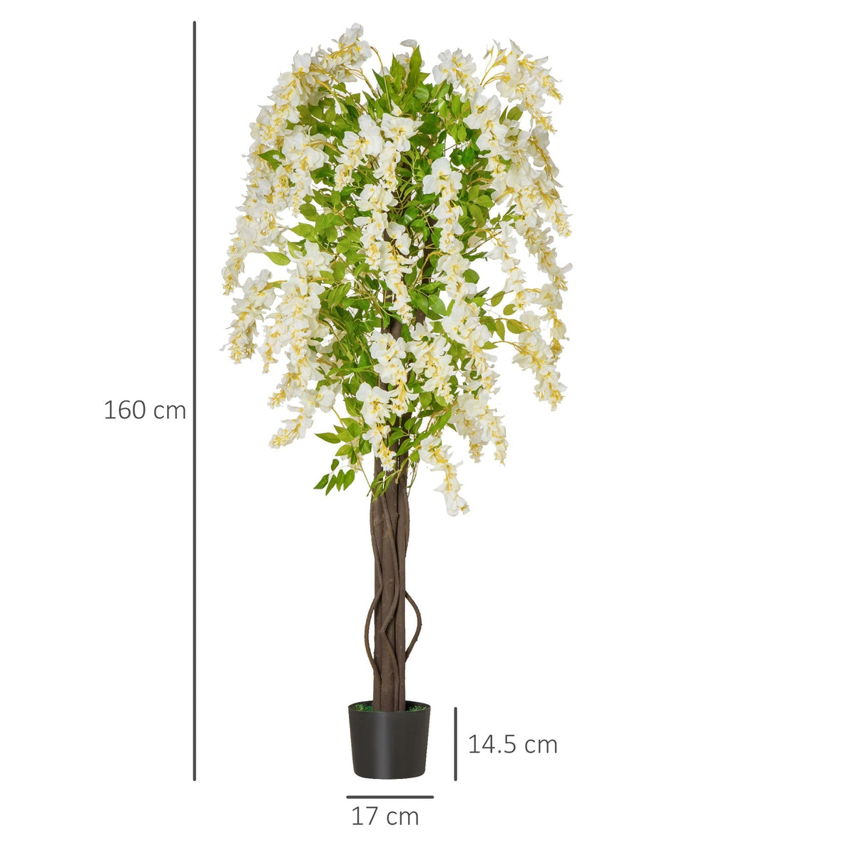 Size diagram showing the dimensions of the artificial plant white wisteria tree
