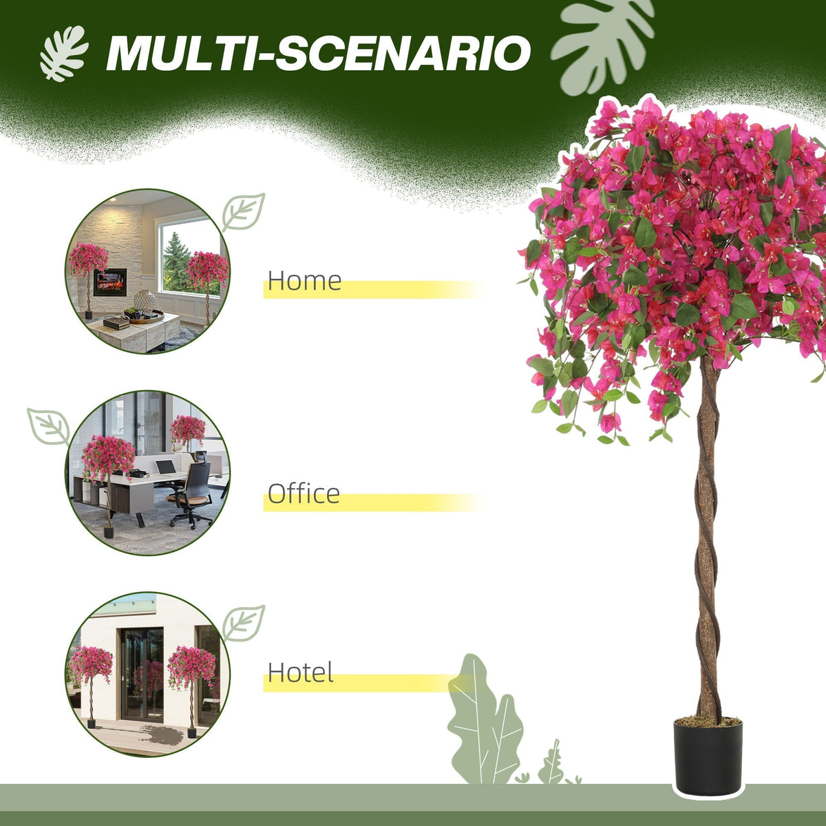 Artificial blossom trees shown in home, office and hotel settings