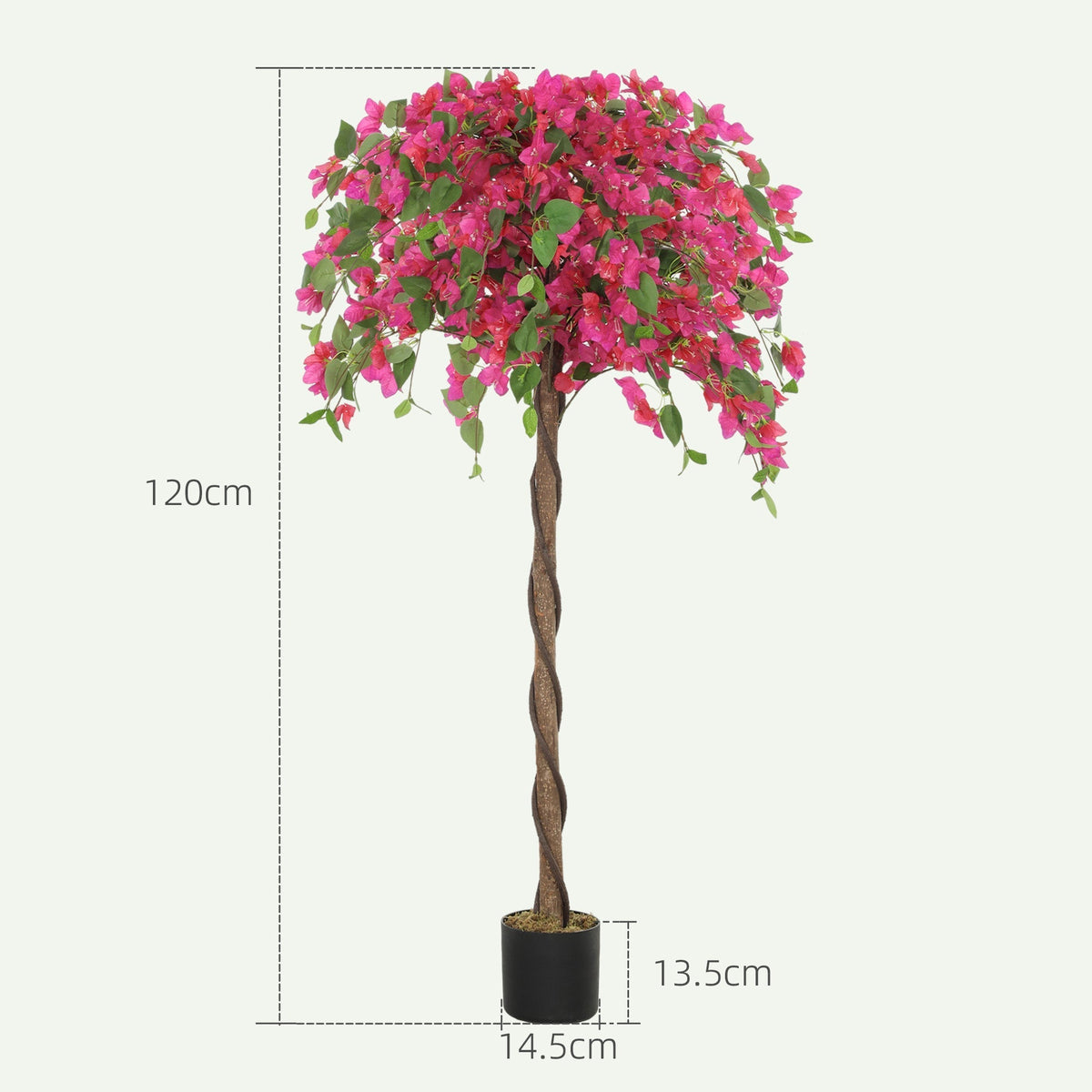 Artificial blossom tree with red flowers, showing its height and pot size