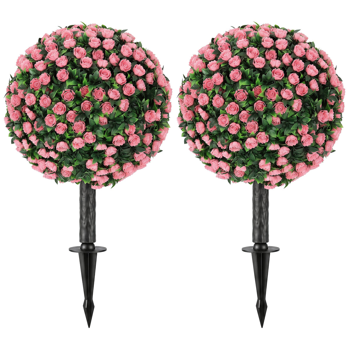 HOMCOM Artificial Rose Topiary UV Resistant set of two pink floral spheres on black garden stakes