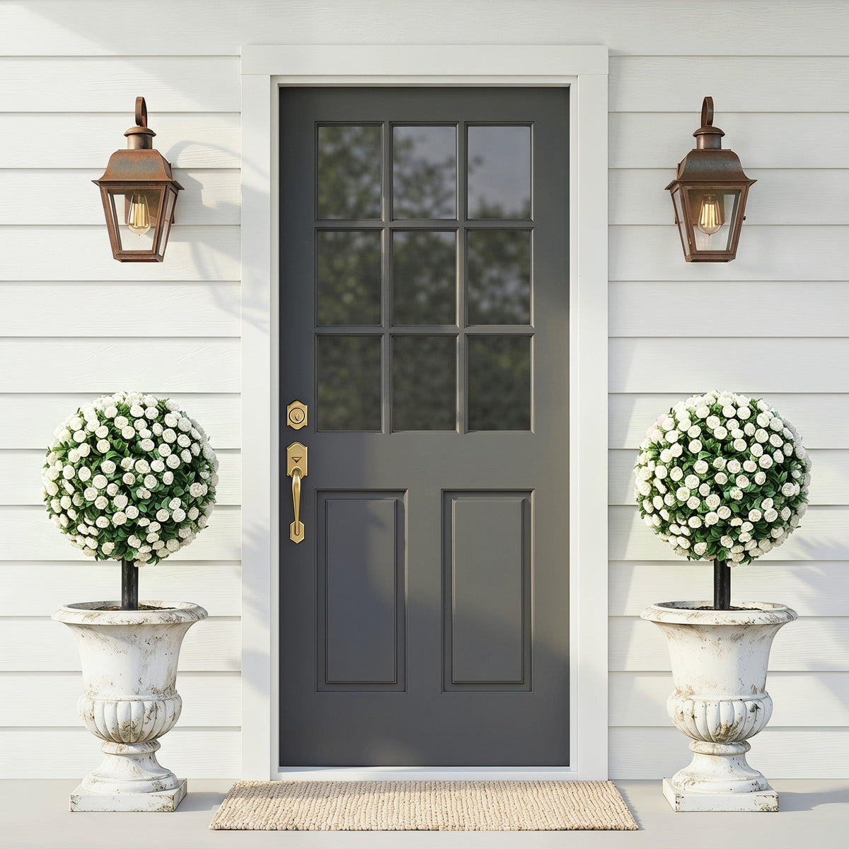 the artificial plants placed in stone urns on either side of a grey front door
