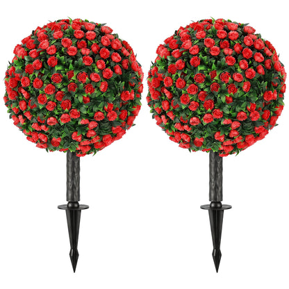 HOMCOM Artificial Rose Topiary UV Resistant, a pair of red rose bushes on stakes