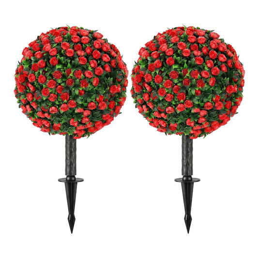 HOMCOM Artificial Rose Topiary UV Resistant, a pair of red rose bushes on stakes