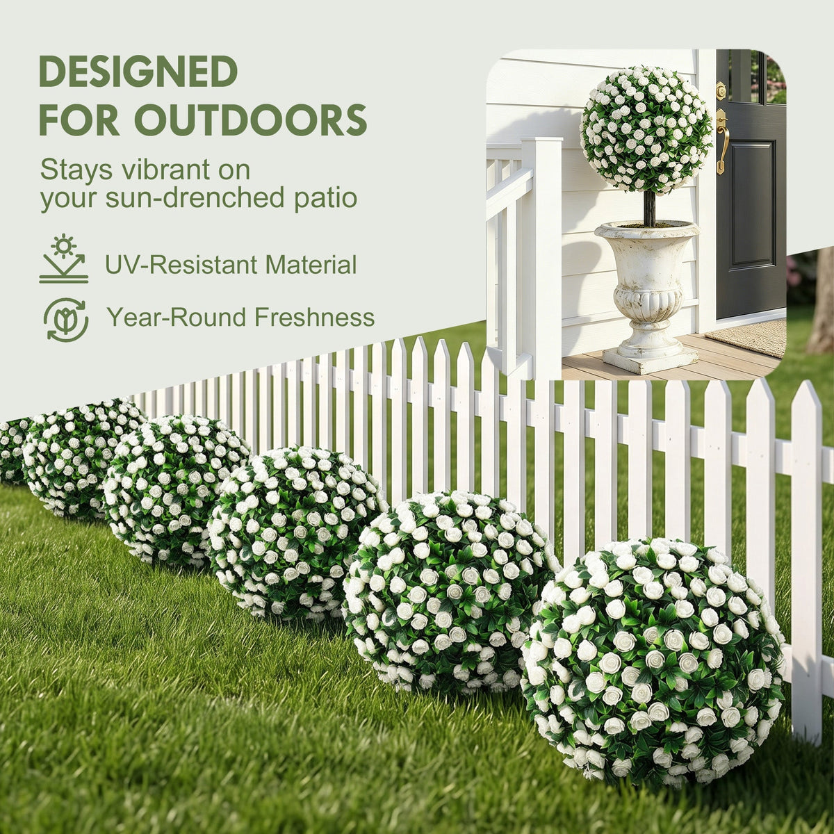 the artificial plants lined up along a white garden fence on a grassy lawn