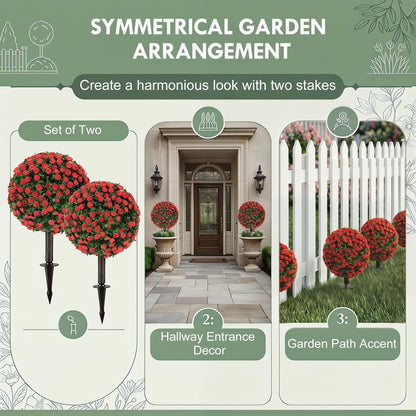 Two artificial rose topiary plants shown as a set and in garden settings