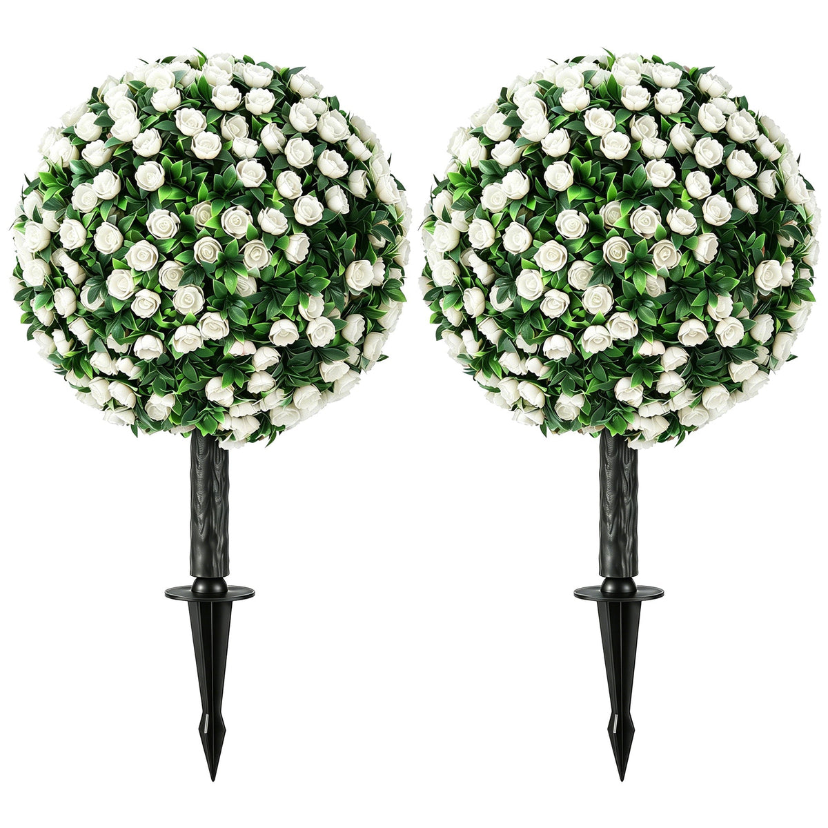 HOMCOM Artificial Rose Topiary UV Resistant standing as a pair with black ground stakes