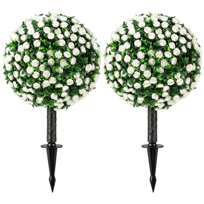 HOMCOM Artificial Rose Topiary UV Resistant standing as a pair with black ground stakes
