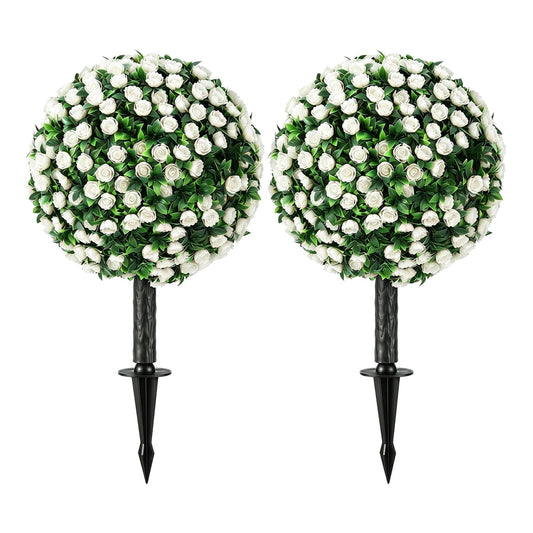 HOMCOM Artificial Rose Topiary UV Resistant standing as a pair with black ground stakes