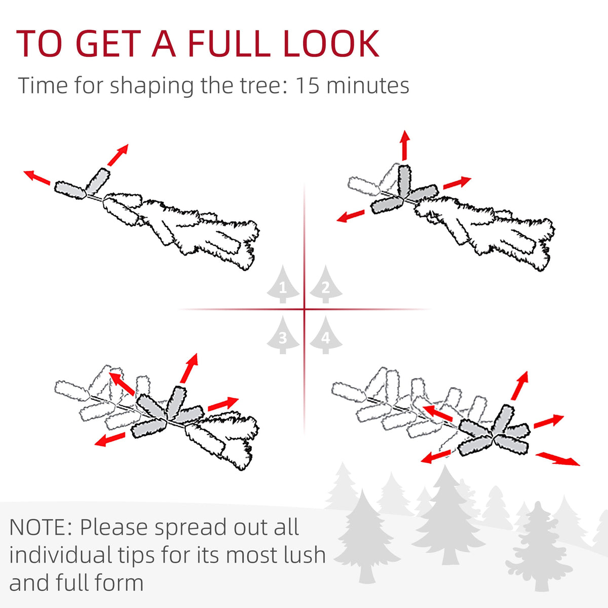 Diagram showing how to shape the snowy pencil Christmas tree branches
