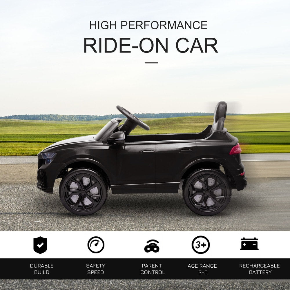 The ride-on car shown from the side with icons highlighting key features and performance