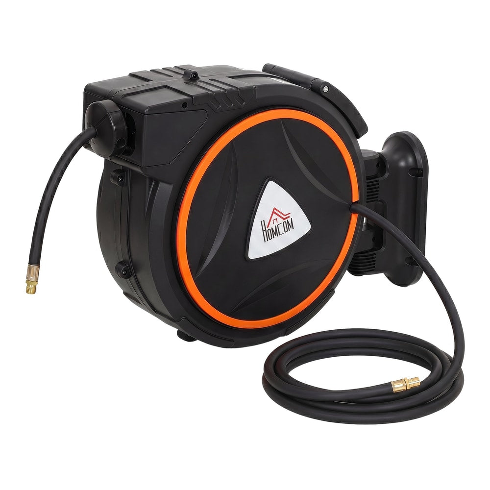 HOMCOM Auto Rewind Hose Reel, a black and orange retractable air hose reel mounted on a wall