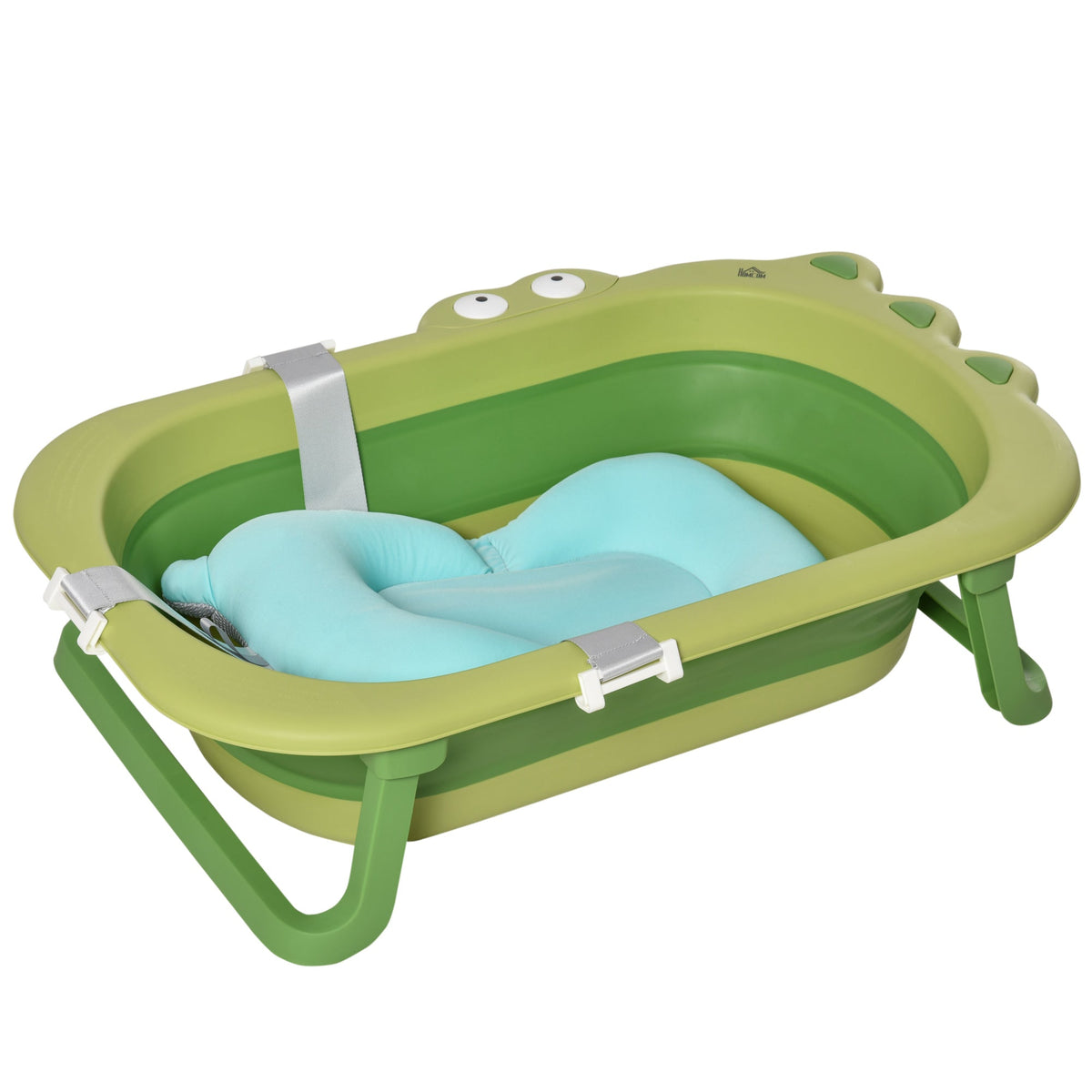 HOMCOM Baby Bath Tub with a green foldable design and a blue baby cushion inside