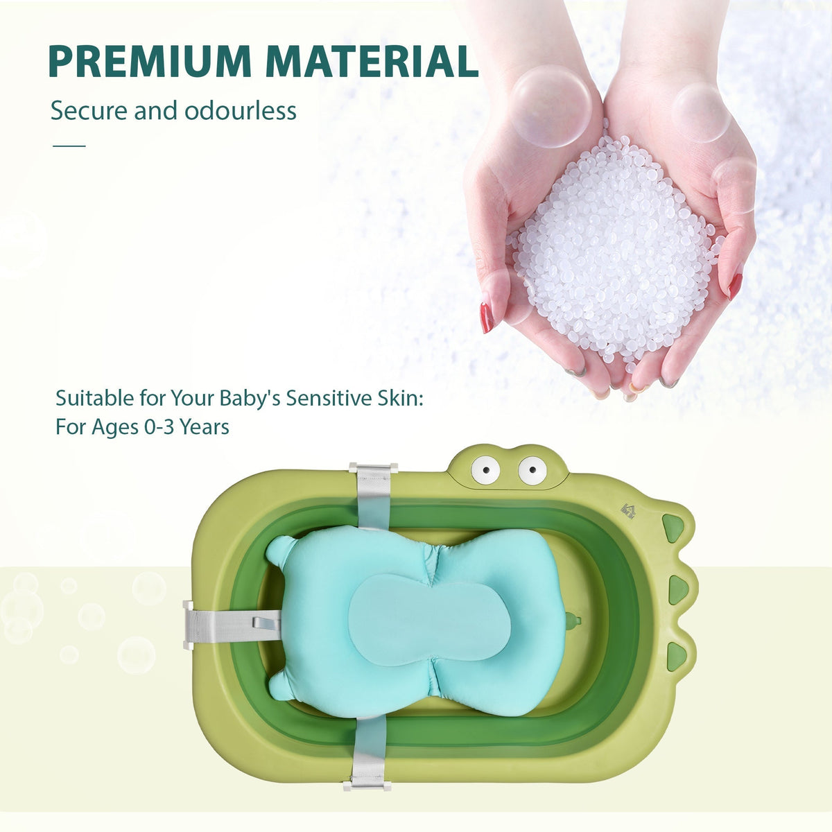 Close up of the green baby bath tub material, described as secure and odourless