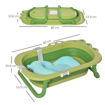 Dimensions of the green foldable baby bath tub, showing length, width and height