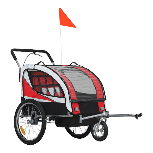 HOMCOM Baby Bike Trailer with red and white fabric and a safety flag