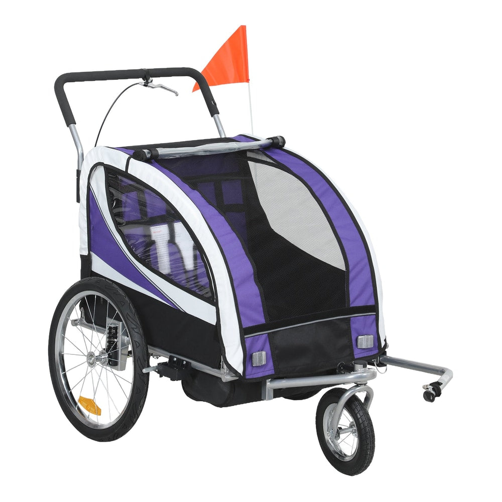 HOMCOM Baby Bike Trailer with 5 Point Harness in purple and white with a safety flag attached