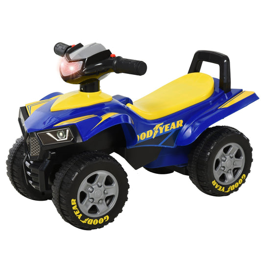 HOMCOM Baby Quad Bike Kids Ride On Car Goodyear Licensed Walker Foot To Floor Slider in blue and yellow with lights on