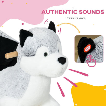 Close up of the husky rocking animal's face, showing its plush texture and a button to activate sounds