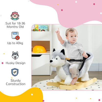 The husky rocking animal with a child, highlighting its sturdy construction and suitability for young children