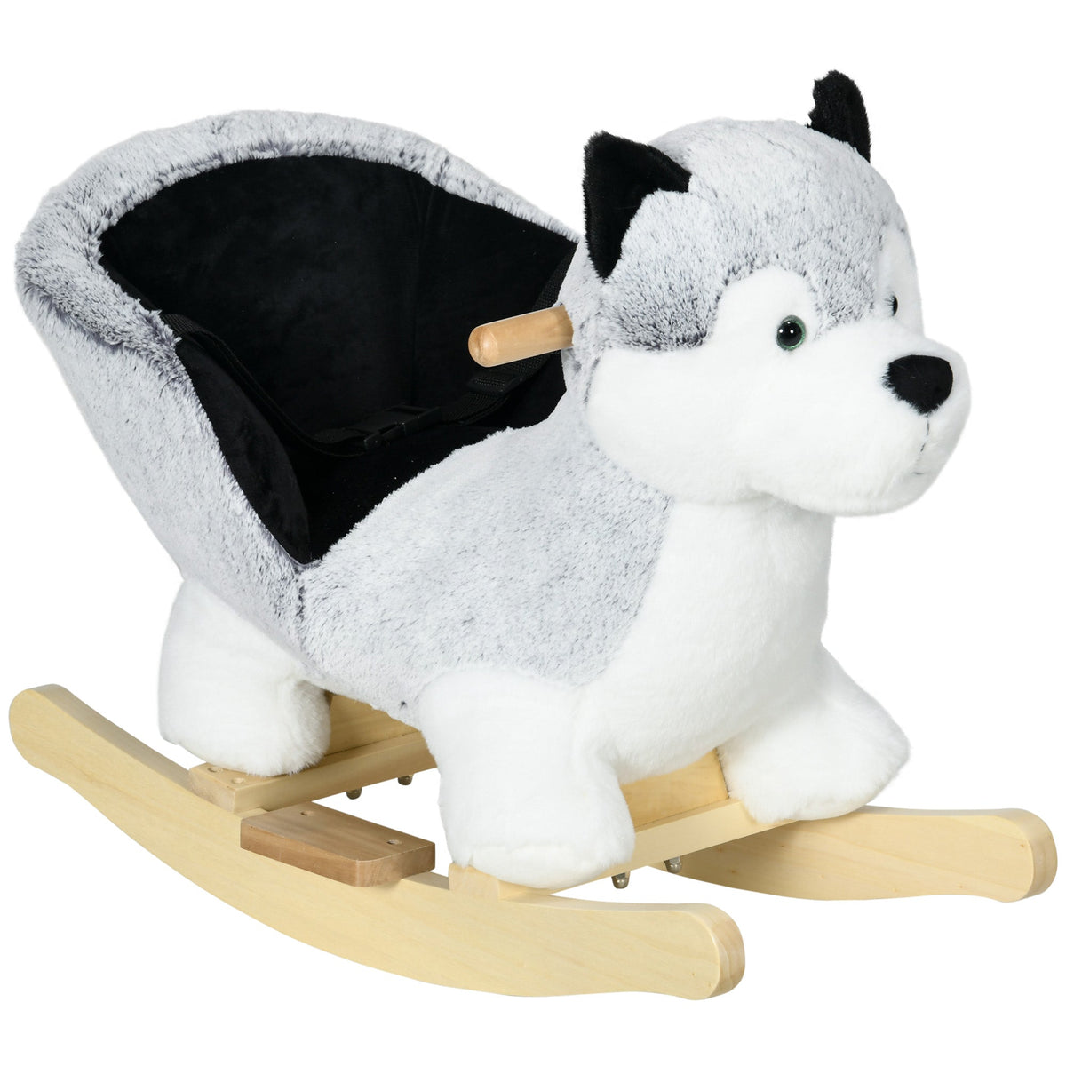 HOMCOM Baby Rocking Horse, a plush husky animal with a wooden rocking base and a black seatbelt