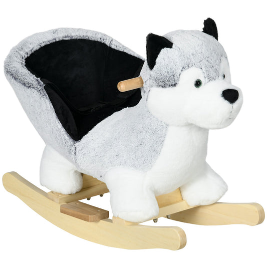 HOMCOM Baby Rocking Horse, a plush husky animal with a wooden rocking base and a black seatbelt