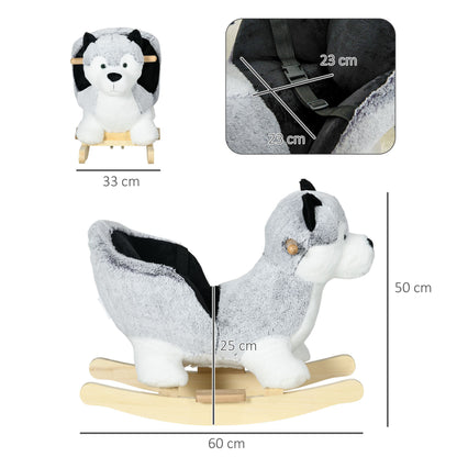 The husky rocking animal with dimensions shown, including height and length