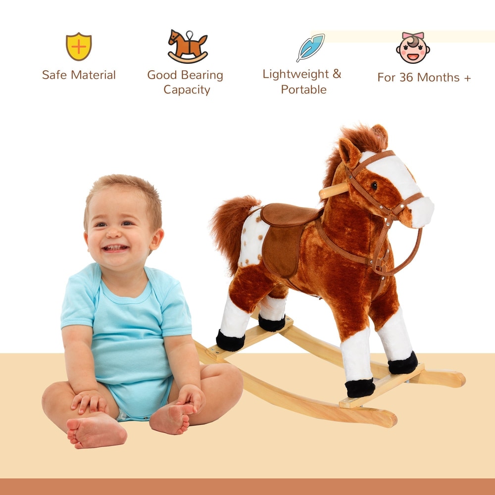 A smiling baby sits next to the brown plush rocking horse, with safety features highlighted