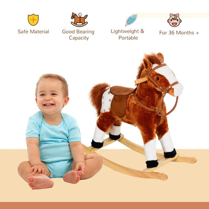 A smiling baby sits next to the brown plush rocking horse, with safety features highlighted