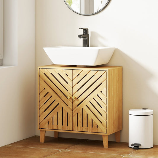 The bamboo bathroom cabinet is shown in a modern bathroom setting with a vessel sink on top