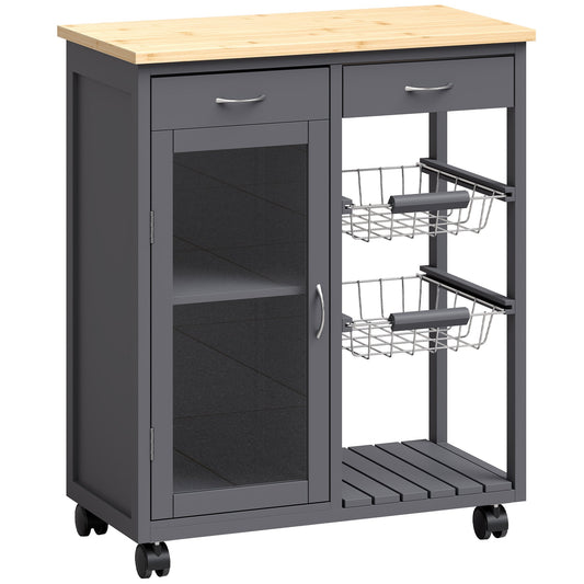 HOMCOM Bamboo Kitchen Island with a grey frame, glass door cupboard, two drawers and wire baskets