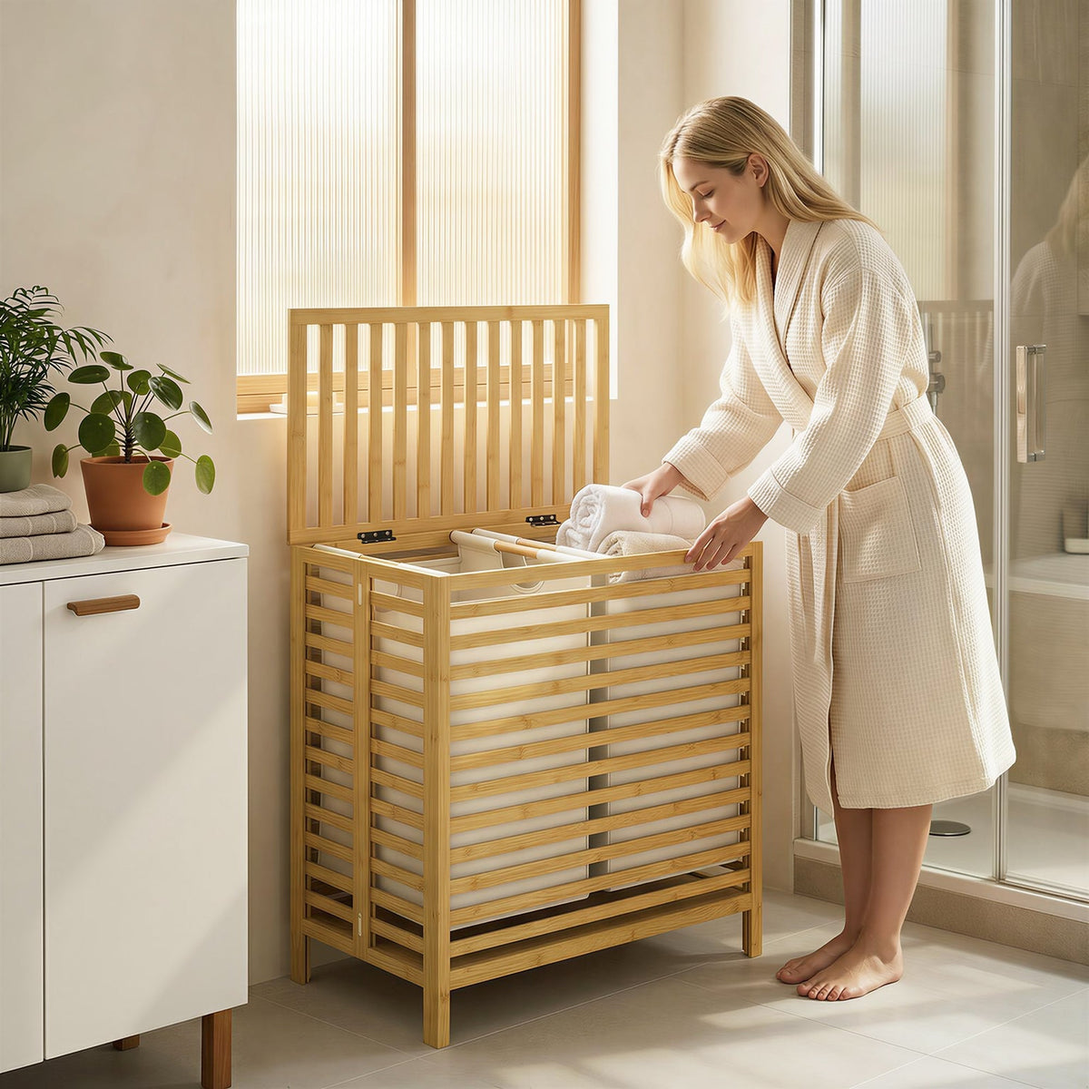 The laundry basket placed in a bathroom with a woman putting clothes inside the open unit