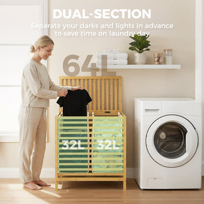The laundry basket positioned next to a washing machine with text explaining the dual sections